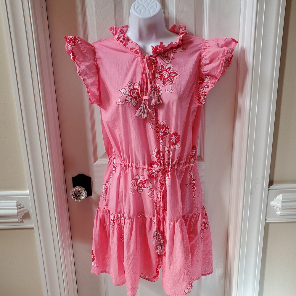 Bindu - Pink - Floral - Tiered - Mini Dress M • Flutter Sleeve Tassel Detail